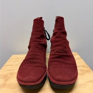 Fly London Red Ankle Boots YEBI Suede Tie Back Wine Red Wedge Size 40 (9.5)